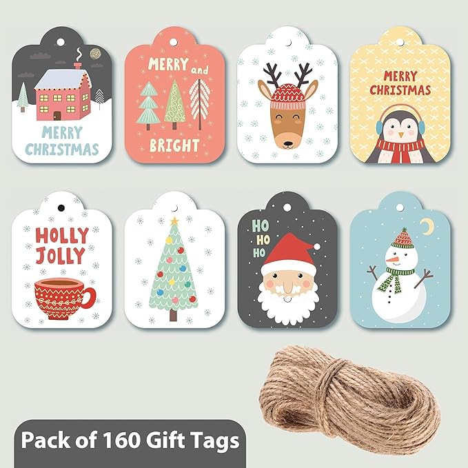 Modern Christmas Gift Tags with Jute Twine, Pack of 160