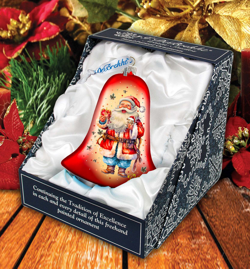 Santa Claus Spreading Christmas Happiness Bell Glass Ornament by G. Debrekht - Christmas Santa Snowman Decor - 752-042