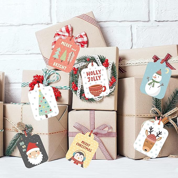 Modern Christmas Gift Tags with Jute Twine, Pack of 160