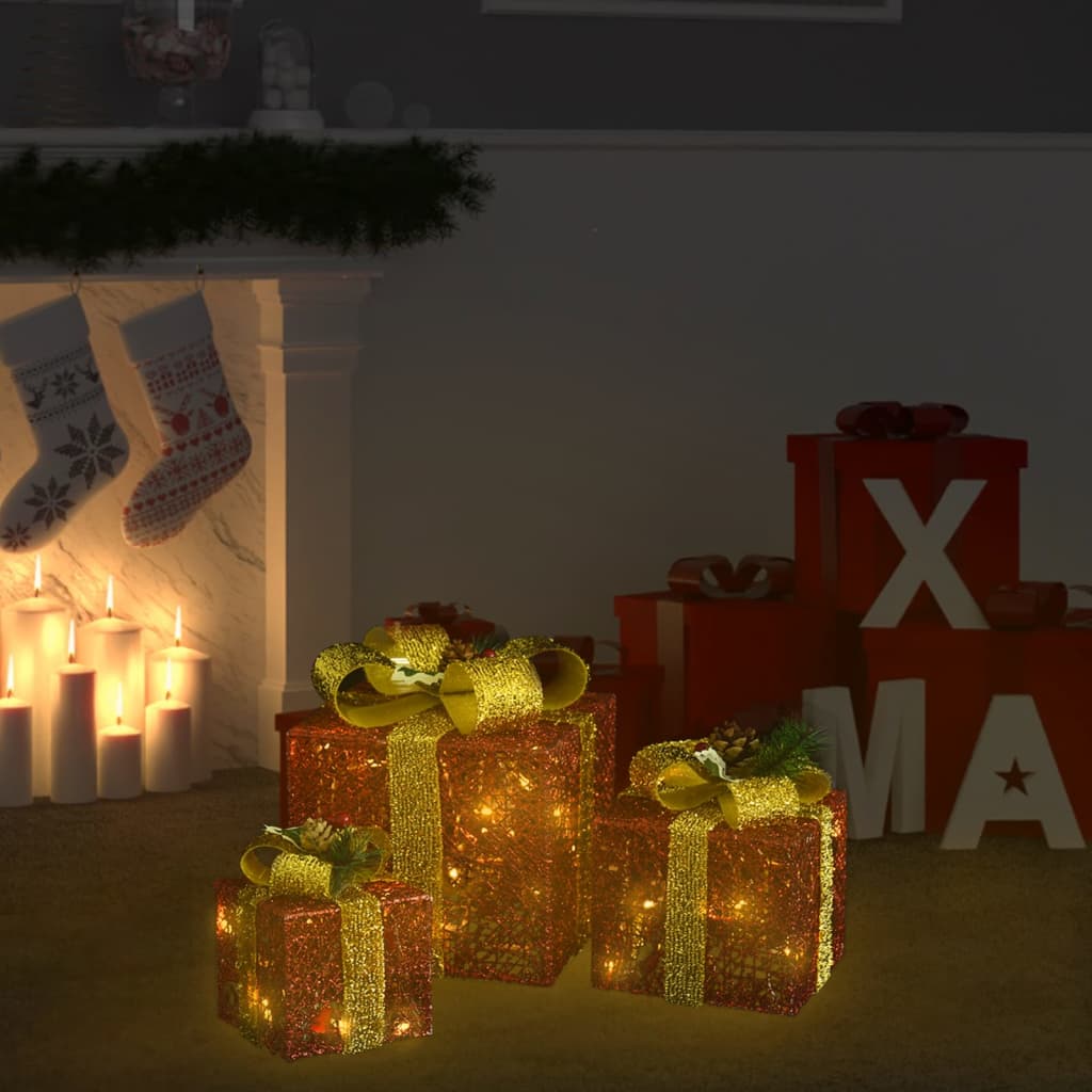 vidaXL Christmas Gift Boxes 3 Pcs Decorative Xmas Gift Box with LED Lights