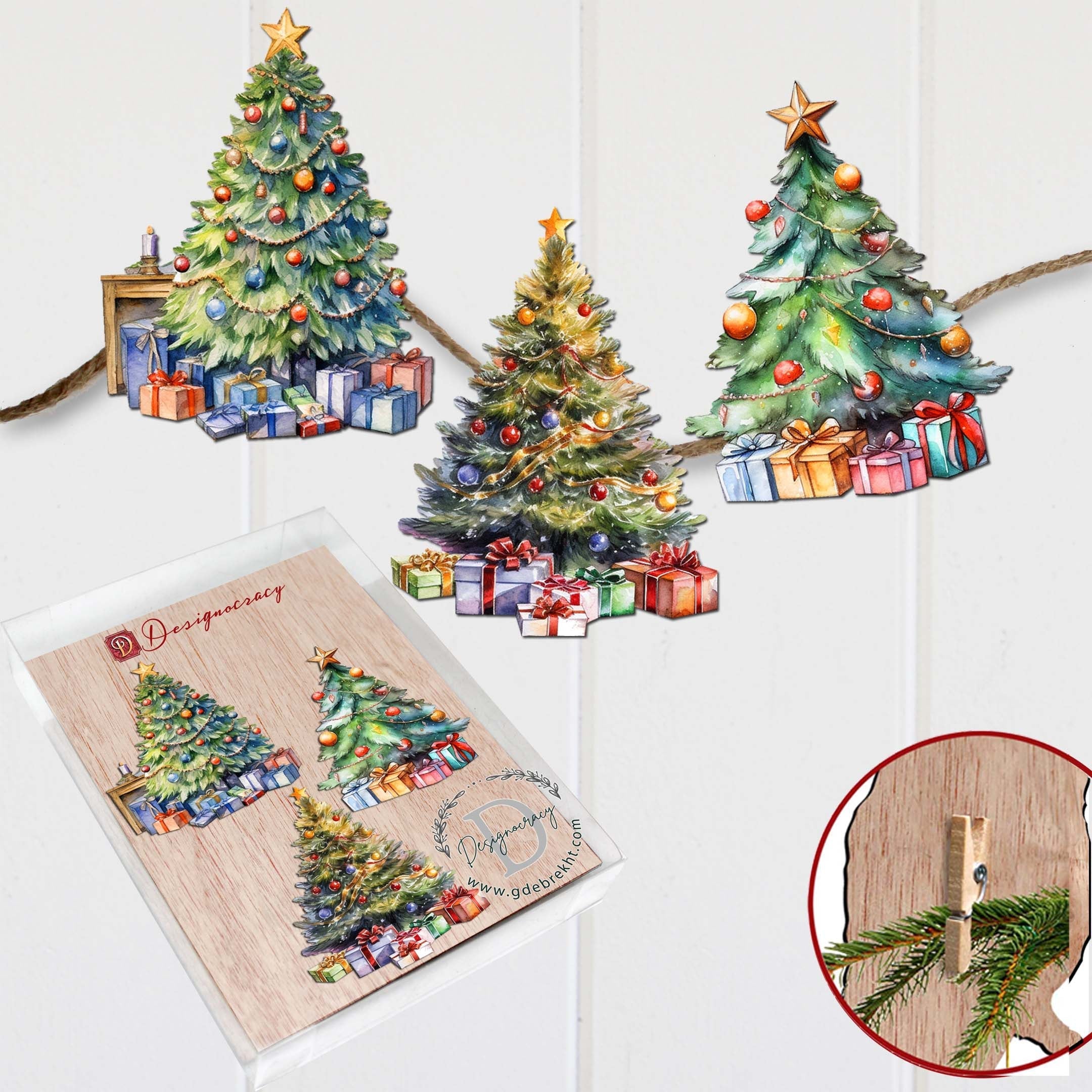 Christmas Tree Clip-On Eco Wood Decorative Ornaments Set of 3 by G. Debrekht - Christmas Decor - 8091044C-S3