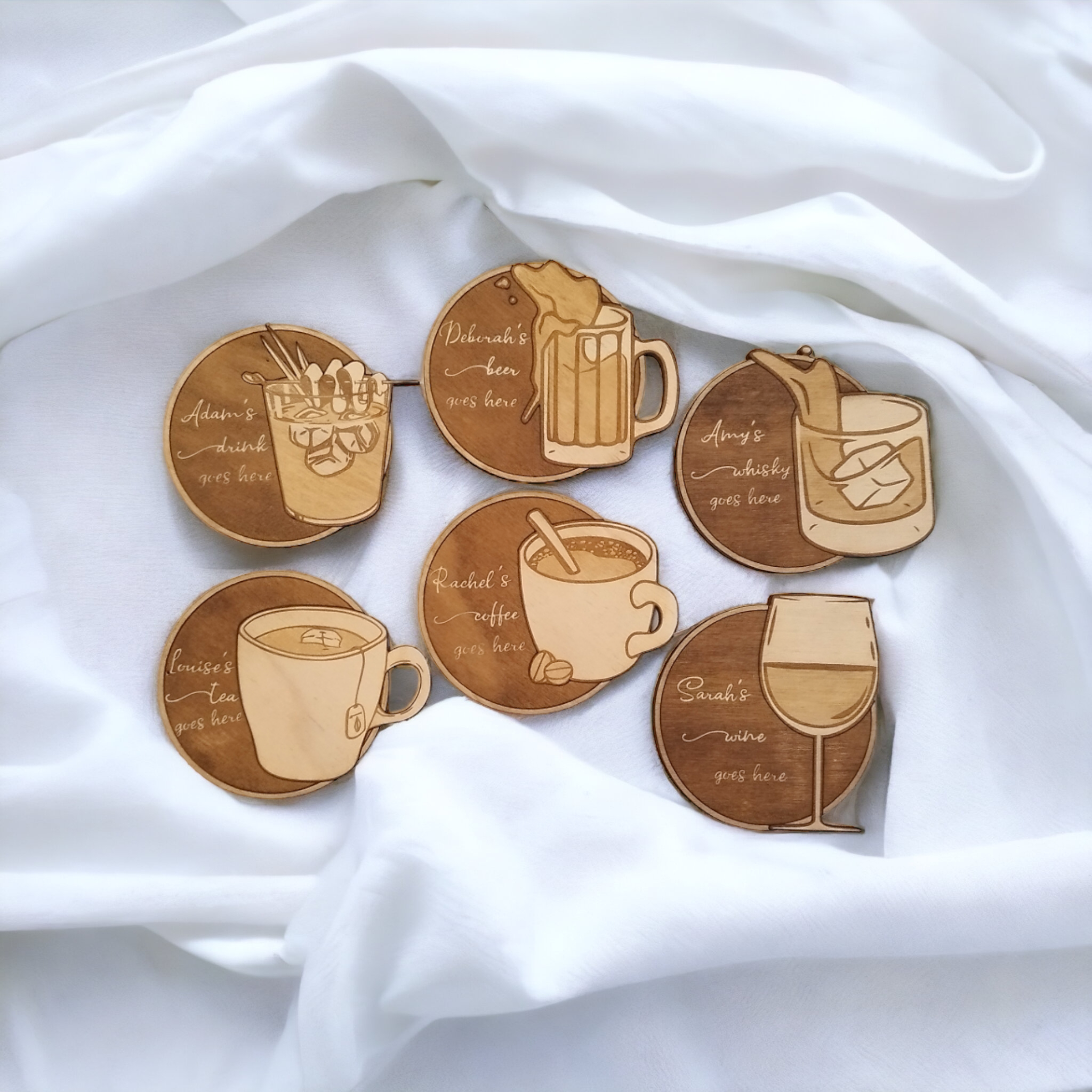 Set of 6 Drinks Wooden Coasters - Handmade Gift - Housewarming - Wood Kitchenware