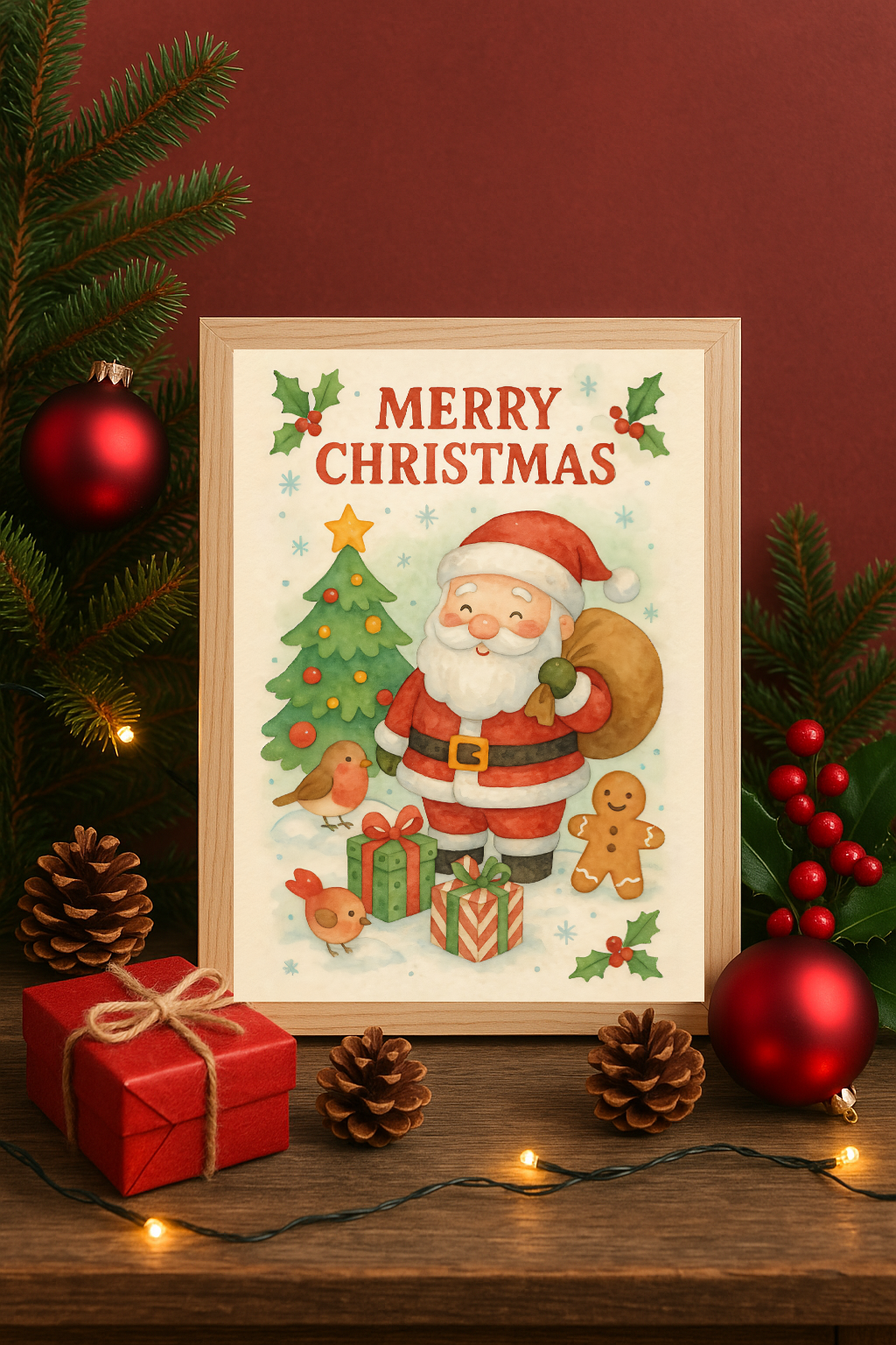 Santa & Christmas Tree Wall Art – Merry Christmas Holiday Print with Gifts & Robins