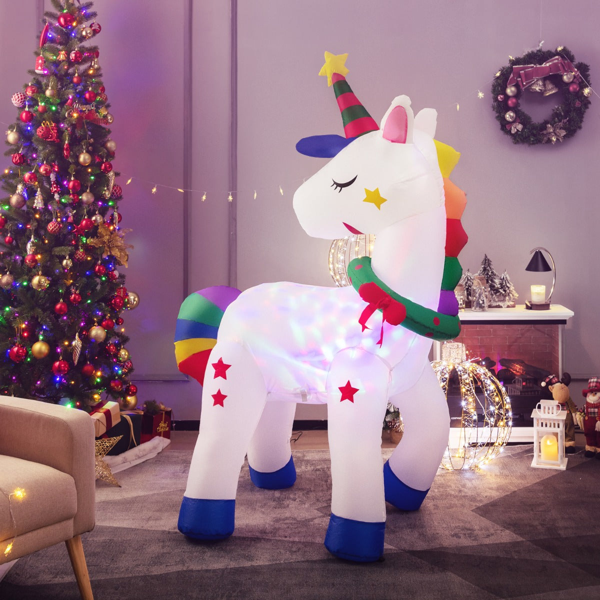 NNECW 182CM Christmas Magic Unicorn with Rainbow Tails & Christmas Wreath