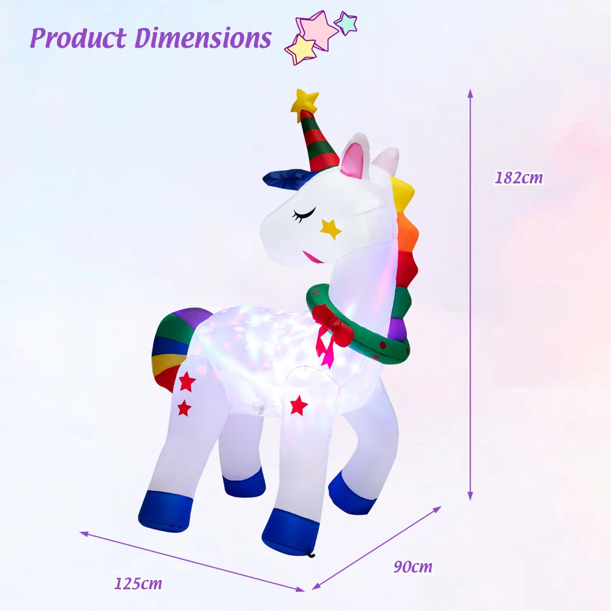 NNECW 182CM Christmas Magic Unicorn with Rainbow Tails & Christmas Wreath