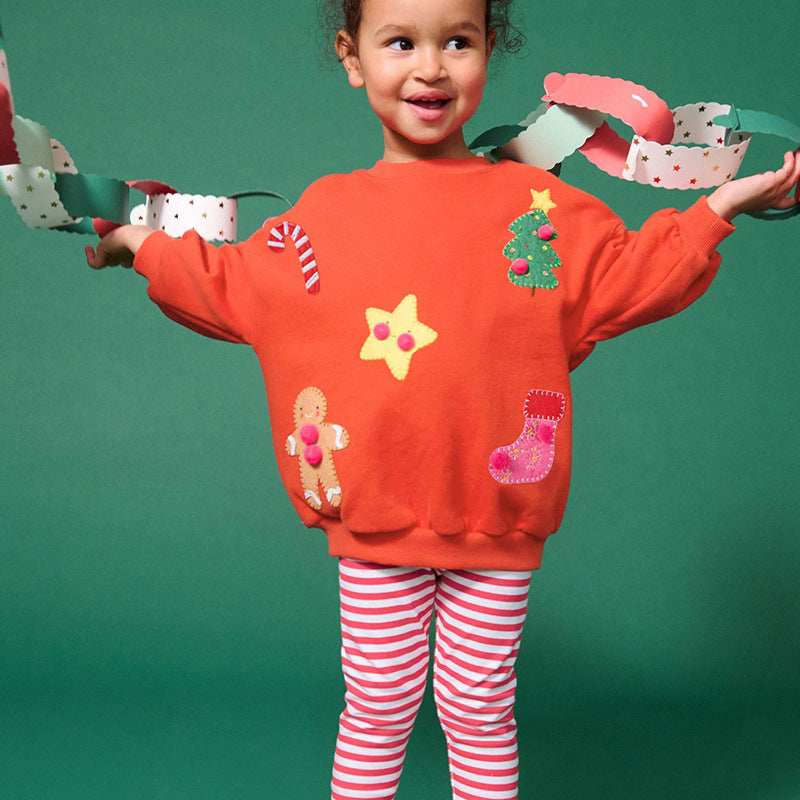Spring and Autumn Girls Christmas Pattern Long Sleeves Sweatshirt and Striped Pants Clothing Set