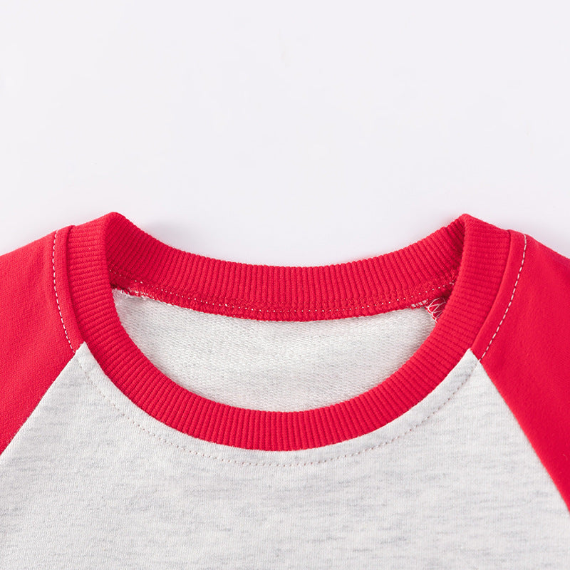 Spring and Autumn Boys Christmas Cartoon Pattern Long Sleeves Color Patchwork Sweatshirt and Pants Clothing Set