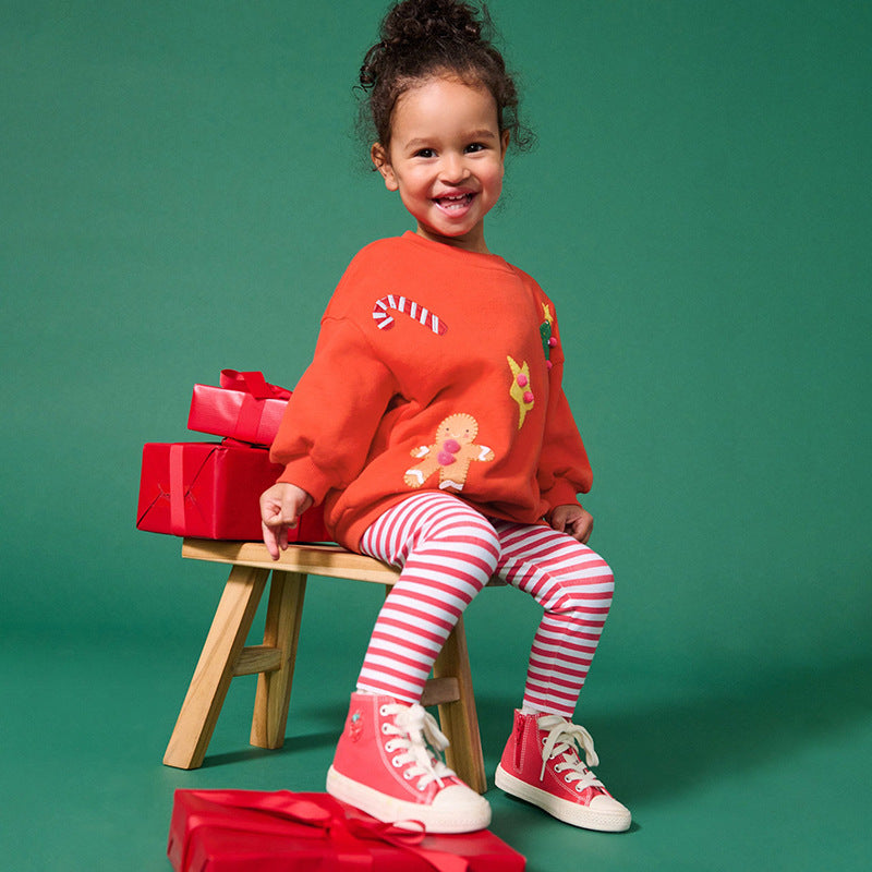 Spring and Autumn Girls Christmas Pattern Long Sleeves Sweatshirt and Striped Pants Clothing Set