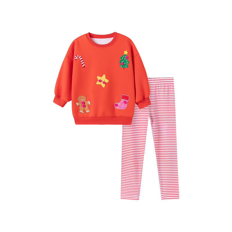 Spring and Autumn Girls Christmas Pattern Long Sleeves Sweatshirt and Striped Pants Clothing Set