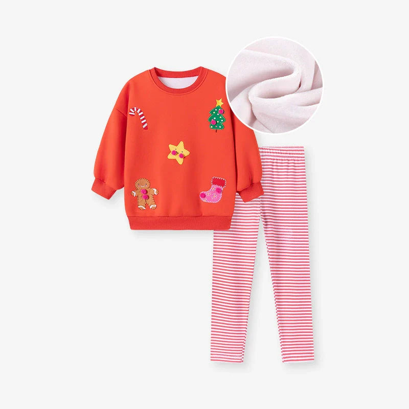 Spring and Autumn Girls Christmas Pattern Long Sleeves Sweatshirt and Striped Pants Clothing Set